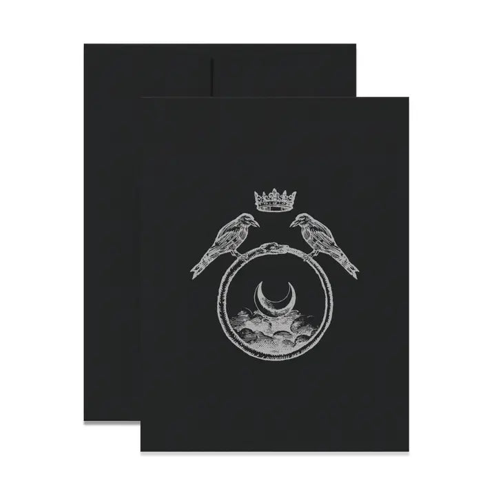 Crowned Ravens & Crescent Moon Greeting Card – Silver Foil on Epic Black