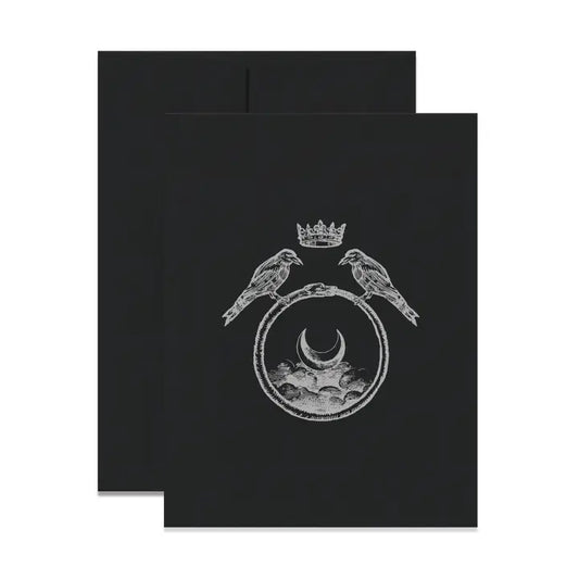 Crowned Ravens & Crescent Moon Greeting Card – Silver Foil on Epic Black